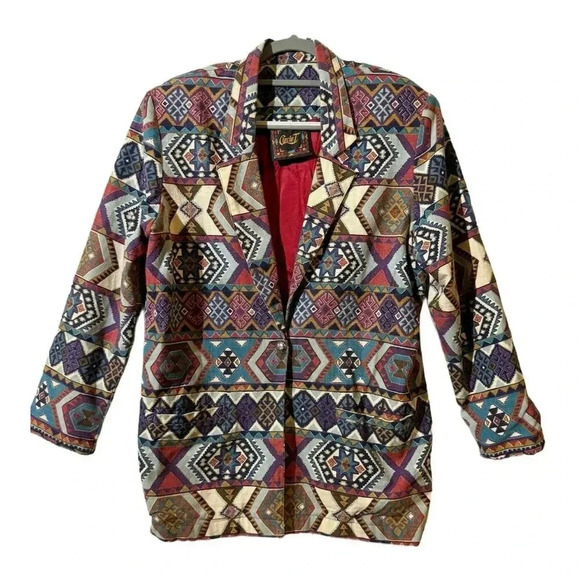 Circle T VTG Country Western Tapestry Aztec Blazer Jacket M Multicolor Cowboy - Picture 1 of 11